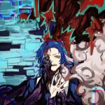  1boy black_sclera blue_eyes blue_hair blue_jacket blue_necktie chesed_(project_moon) collared_shirt colored_sclera commentary_request hand_on_own_chest heterochromia jacket lobotomy_corporation male_focus necktie nishikujic open_mouth project_moon shirt short_hair solo spoilers white_shirt yellow_eyes 