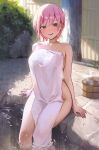  1girl absurdres artist_name bare_hips blurry blurry_background blush breasts bucket collarbone commentary_request covered_nipples day go-toubun_no_hanayome hair_between_eyes highres huge_breasts legs looking_at_viewer lower_teeth_only medium_hair nakano_ichika naked_towel onsen open_mouth pink_hair plant purple_eyes sideboob sitting smile soaking_feet solo sooon teeth thighs towel twitter_username water white_towel wooden_bucket 