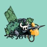  1other aqua_background arm_up black_eyes black_skin blank_eyes blurry blurry_background bush colored_skin commentary full_body grey_cloak holding holding_weapon hollow_eyes hollow_knight knight_(hollow_knight) nail_(hollow_knight) other_focus outstretched_arm pillar plant ruins sakana_2-gou standing vines weapon 