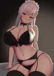  1girl arm_behind_back arm_support azur_lane bed belfast_(azur_lane) black_bra black_choker black_garter_belt black_panties black_thighhighs bow bow_bra bra breasts choker cleavage closed_mouth commentary dress garter_belt grey_dress grey_hair half-closed_eyes head_tilt large_breasts leaning_to_the_side lingerie long_hair maid_headdress navel on_bed organ3432 panties sitting smile solo string_panties thighhighs underwear underwear_only 