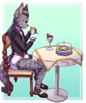  anthro artist_name black_clothing black_jacket black_topwear blue_eyes chair clothed clothing diaper facial_stripes food full-length_portrait fur furniture glistening glistening_eyes grey_body grey_fur grey_hair hair hi_res infantilism jacket male markings mouth_closed on_chair ponytail portrait purple_bow_tie purple_clothing purple_topwear riddlr side_view simple_background sitting solo striped_legs striped_markings striped_tail stripes tail tail_markings topwear wearing_diaper white_diaper 
