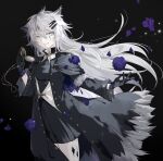  1girl animal_ear_fluff animal_ears arknights black_background black_capelet black_dress black_gloves black_jacket breasts capelet dress floating_hair flower gloves grey_eyes grey_hair hair_between_eyes hair_ornament hairclip hand_up highres holding itonatsu_pino jacket lappland_(arknights) lappland_(refined_horrormare)_(arknights) long_hair long_sleeves looking_at_viewer parted_lips petals pocket_watch purple_flower purple_rose roman_numeral rose signature simple_background small_breasts solo standing very_long_hair watch wide_sleeves 