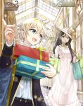  1boy 1girl :d bag blonde_hair blue_eyes character_request cover cover_page dress falma_de_medicis gift hat indoors isekai_yakkyoku keepout lens_flare long_hair long_sleeves novel_cover shopping_bag short_hair smile tilted_headwear walking white_dress 