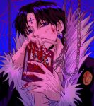  1boy black_hair blood blood_on_face blood_on_hands blue_eyes book chain chrollo_lucilfer commentary_request earrings highres holding holding_book hunter_x_hunter jacket jewelry kann_55 korean_commentary looking_at_viewer male_focus pectoral_cleavage pectorals short_hair solo upper_body 