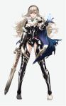  1girl armor ascot breasts cape clothing_cutout corrin_(female)_(fire_emblem) corrin_(fire_emblem) dragonstone fire_emblem fire_emblem_fates gem gloves hair_between_eyes hairband holding holding_sword holding_weapon kozaki_yuusuke leotard long_hair looking_at_viewer official_alternate_costume official_art pointy_ears red_eyes serious simple_background solo sword thigh_cutout thighhighs torn_clothes wavy_hair weapon white_hair yato_(fire_emblem) 