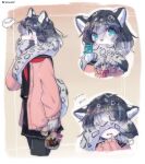  anthro blue_eyes bottomwear clothing covering covering_eyes covering_face felid female hi_res jacket mammal nom pantherine rsswoof shirt simple_background skirt snow_leopard solo tail_nom topwear 