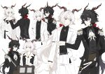  2boys :d animal_ears arknights black_hair black_jacket black_pants black_shirt black_vest bow closed_mouth collarbone collared_shirt dress_shirt ebenholz_(arknights) flute hair_between_eyes hair_bow highres holding holding_hands holding_instrument horns instrument interlocked_fingers jacket kreide_(arknights) long_hair long_sleeves male_focus multiple_boys pants purple_eyes red_bow rio_(rio773) sheath sheathed shirt simple_background smile sword very_long_hair vest weapon white_background white_hair white_jacket white_pants 