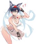  animal_ears arknights bare_legs bare_shoulders bikini black_choker black_gloves blaze_(arknights) blue_eyes blue_nails breasts cat_ears cat_girl choker cleavage collarbone crop_top fingerless_gloves gloves hairband highres large_breasts long_hair looking_at_viewer messy_hair navel red_hairband salute shirt sketch smile swimsuit thighs torn_clothes torn_shirt two-finger_salute white_background white_bikini yuukiey 