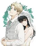  1boy 1girl aqua_necktie bare_shoulders black_hair blonde_hair blue_eyes blunt_bangs bridal_veil buttons closed_mouth collared_shirt commentary couple dress falling_petals grey_vest hair_behind_ear head_on_another&#039;s_shoulder height_difference highres holding_hands hug hug_from_behind husband_and_wife jewelry light_blush long_hair long_sleeves looking_at_viewer necklace necktie pearl_necklace petals red_eyes ring shirt short_hair sidelocks smile spy_x_family strapless strapless_dress tama_._kogifu twilight_(spy_x_family) upper_body veil vest wedding_dress white_background white_dress white_shirt yor_briar 
