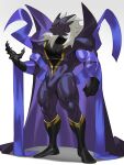  5_fingers anthro bandage black_body black_clothing black_sclera bulge cape clothing cxcxxcxxxx dragon fingers gloves handwear hi_res horn male muscular muscular_anthro muscular_male purple_clothing purple_eyes rubber rubber_clothing simple_background solo suit white_background 