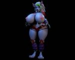  3d_(artwork) 4_toes anthro areola belly big_breasts black_background breasts canid canine canis claws clothed clothing curvy_figure digital_media_(artwork) feet female feral five_nights_at_freddy&#039;s five_nights_at_freddy&#039;s:_security_breach fur green_claws hair hand_behind_back hi_res huge_breasts inverted_nipples looking_at_viewer mammal multicolored_body multicolored_fur multicolored_hair nipples panties pink_nipples purple_ear_ring red_clothing red_panties red_underwear roxanne_wolf_(fnaf) scottgames simple_background skylerhatesalice solo steel_wool_studios thick_thighs toes topless underwear voluptuous wide_hips wolf 
