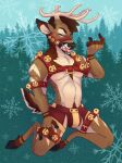  abs anthro antlers armband beckoning bedroom_eyes bell bell_harness blush body_hair bottomwear brown_body brown_fur bulge cervine christmas clothed clothing cloven_hooves deer digital_media_(artwork) facial_hair facial_tuft fangs forest forest_background fur gesture goatee green_eyes hair half-closed_eyes happy_trail harness hi_res holidays hooves horn jingle_bell jingle_bell_armband jingle_bell_harness jingle_bell_legband kneeling looking_at_viewer male mammal markings muscular muscular_anthro muscular_male narrowed_eyes nature nature_background navel plant pubes seductive simple_background smile snowflake solo striped_body striped_fur striped_markings stripes tail tan_body tan_fur teeth thehiggles tongue tree tuft underwear 