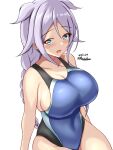  1girl black_one-piece_swimsuit blue_eyes blue_one-piece_swimsuit braid breasts competition_swimsuit dated grey_hair hair_flaps highleg highleg_swimsuit highres impossible_clothes impossible_swimsuit kantai_collection large_breasts long_hair looking_at_viewer mole mole_under_eye montemasa multicolored_clothes multicolored_swimsuit one-piece_swimsuit single_braid sitting smile solo swimsuit twitter_username two-tone_swimsuit umikaze_(kancolle) very_long_hair 