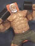  1boy abs bara beard blue_eyes exercise facial_hair green_shorts highres jp_(street_fighter) large_pectorals long_hair lying male_focus mature_male muscular muscular_male mustache navel on_back pectorals pubic_hair pubic_hair_peek sa1k0p shorts solo street_fighter street_fighter_6 sweat thick_eyebrows thick_mustache topless_male veins weightlifting weights white_hair 