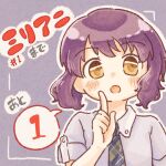  1girl 77haniwa :o blue_shirt blush checkered_necktie commentary hand_up idolmaster idolmaster_million_live! index_finger_raised looking_at_viewer makabe_mizuki necktie purple_background purple_hair shirt short_hair short_sleeves sidelocks solo spoken_number upper_body wavy_hair wing_collar yellow_eyes 