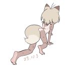  1girl all_fours animal_ears barefoot bouen completely_nude dated facing_away fox_ears fox_girl fox_tail full_body grey_hair highres nude one-piece_tan original short_hair simple_background sketch soles solo tail tan tanlines wet white_background 