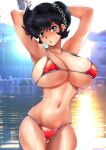  1girl arms_up benten_(urusei_yatsura) bikini black_hair breasts green_eyes highres huge_breasts looking_at_viewer navel oyaman red_bikini solo swimsuit urusei_yatsura 