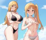  2girls ahoge amogan arms_under_breasts bare_shoulders bikini black_bikini blonde_hair blue_sky blush bocchi_the_rock! breast_conscious breast_envy breast_hold breasts cloud commentary crossed_arms day flying_sweatdrops halterneck highres ijichi_nijika ijichi_seika large_breasts light_frown looking_at_viewer looking_to_the_side multiple_girls navel siblings side_ponytail sidelocks sisters sky small_breasts standing stomach sweatdrop swimsuit white_bikini 