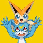  2others blue_eyes crossover digimon digimon_(creature) fangs looking_at_another looking_at_viewer multiple_others no_humans on_head open_mouth orange_background pokemon pokemon_(creature) pokemon_on_head red_eyes sharp_teeth simple_background someguy944 teeth v v-mon victini yellow_background 