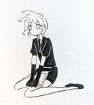  1other collared_shirt crystal_hair elbow_gloves gem_uniform_(houseki_no_kuni) gloves greyscale houseki_no_kuni jacket looking_to_the_side monochrome necktie no_mouth phosphophyllite puffy_short_sleeves puffy_sleeves shirt shoes short_sleeves shorts sitting traditional_media wakame_031412 wariza 