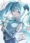  1girl :d absurdres ahoge bare_shoulders black_skirt black_sleeves blue_eyes blue_hair blue_ribbon blush collared_shirt cowboy_shot detached_sleeves flower from_side hair_between_eyes hatsune_miku hatsune_miku_(nt) highres holding holding_flower long_hair long_sleeves looking_at_viewer neck_ribbon number_tattoo open_mouth own_hands_together oyuyu piapro pleated_skirt ribbon shirt sidelocks simple_background skirt sleeveless sleeveless_shirt smile solo tattoo twintails very_long_hair vocaloid white_background white_flower white_shirt 