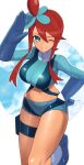  1girl blue_eyes blue_footwear blue_gloves blue_jacket blue_shorts boots breasts clenched_hands cloud crop_top cropped_jacket floating gloves grin hair_ornament highres jacket looking_at_another looking_at_viewer midriff nuneno one_eye_closed one_side_up pokemon pokemon_(game) pokemon_bw red_hair short_hair_with_long_locks short_shorts shorts sidelocks sky skyla_(pokemon) smile teeth thigh_pouch tongue turtleneck waving 