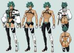  1boy abs absurdres aged_up ass black_pants closed_mouth fairytale_police_hoe_department green_hair grey_background highres idoraad jacket male_focus multiple_views muscular muscular_male pants pectorals reference_sheet satou_kotarou_(fairytale_police_hoe_department) short_hair topless_male twitter_username white_jacket 