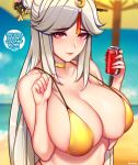  1girl absurdres beach beach_umbrella bikini blue_sky blurry blurry_background breasts can cleavage closed_mouth cloud day english_commentary english_text genshin_impact gold_bikini gold_choker grey_hair hair_ornament hair_stick hands_up highres holding holding_can ikkimay large_breasts lips long_hair looking_at_viewer ningguang_(genshin_impact) outdoors red_eyes red_lips sky soda_can solo speech_bubble strap_gap swimsuit tassel tassel_hair_ornament umbrella upper_body very_long_hair 