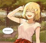  1girl blonde_hair breasts commentary english_commentary fence hair_ornament highres hololive hololive_english large_breasts medium_hair open_mouth shew_(shew03) shirt smile solo speech_bubble t-shirt tree underwear virtual_youtuber watson_amelia white_shirt 