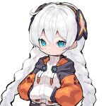  1girl absurdres bangs blue_eyes blush braid closed_mouth commentary hair_between_eyes hands_in_pockets high_collar highres honkai_(series) honkai_impact_3rd jacket kiana_kaslana kiana_kaslana_(white_comet) long_hair long_sleeves looking_at_viewer low_twintails puffy_long_sleeves puffy_sleeves scarlet23i0 simple_background solo twin_braids twintails upper_body very_long_hair white_background white_hair white_jacket 