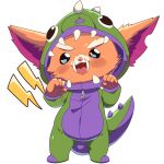  1:1 anthro blush clothing coopitchu costume dinosaur_costume fist gnar_(lol) hi_res hood hood_up league_of_legends looking_at_viewer male onesie open_mouth riot_games roaring solo standing teeth yordle zipper 