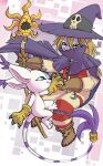  blue_eyes boots brown_footwear brown_gloves cape cat digimon digimon_(creature) digimon_adventure gloves green_eyes happy hat holding holding_hands holding_wand jaeneth purple_cape purple_headwear skull smile tail tailmon wand white_fur wizard_hat wizarmon 