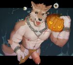  anthro balls black_sclera blissade bottomwear brown_body brown_fur canid canine canis clothing countershade_face countershade_fur countershade_tail countershade_torso countershading ear_piercing ear_ring erection eyebrows fur genitals glans halloween hi_res holidays humanoid_genitalia humanoid_penis jack-o&#039;-lantern loincloth male mammal muscular muscular_anthro muscular_male nipple_piercing nipples pecs penis piercing ring_piercing scar tail thick_penis tongue tongue_out wolf x_scar 