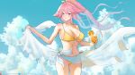  1girl animal_ears bare_shoulders bikini blue_sky breasts cleavage closed_mouth cloud collarbone cup dan-98 day drink drinking_glass food fox_ears fruit genshin_impact highres holding holding_cup large_breasts long_hair looking_at_viewer orange_(fruit) orange_slice outdoors parted_lips pink_hair ponytail purple_eyes ribbon side-tie_bikini_bottom sky smile solo swimsuit very_long_hair yae_miko yellow_bikini yellow_ribbon 