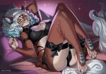  anthro aomori blue_eyes blue_hair breasts brown_body brown_fur claws clothed clothing eyewear female finger_claws fur glasses hair looking_at_viewer mammal nipples solo toe_claws yasmil 