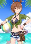  1girl absurdres agnes_tachyon_(lunatic_lab)_(umamusume) agnes_tachyon_(umamusume) ahoge animal_ears ball beachball bikini black_bikini blue_sky breasts closed_mouth cloud cloudy_sky commentary_request criss-cross_halter denim denim_shorts ear_ornament fingerless_gloves gloves green_jacket hair_between_eyes halterneck hand_on_own_hip highres horse_ears horse_girl horse_tail jacket kii-kun_(agnes_tachyon)_(umamusume) medium_breasts navel ocean outdoors red_eyes short_hair shorts single_glove sky sleeves_rolled_up smile solo summer&#039;s_sunlight_fades_to_blue_(umamusume) swimsuit tail tawashi_hechima thigh_strap tied_jacket umamusume water 