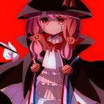  1girl black_cape black_headwear cape character_request closed_mouth commentary_request hair_ornament hat jack-o&#039;-lantern jack-o&#039;-lantern_hair_ornament kirby_(series) multicolored_hair neck_ribbon orange_eyes orange_hair personification pink_hair red_background red_ribbon ribbon ringed_eyes simple_background sketch smile solo stitches symbol-shaped_pupils usagi_nui x-shaped_pupils 