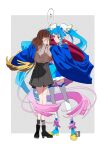  2girls ahoge blue_cape blue_dress blue_eyes blue_hair boots brown_hair cape commentary_request covering_face cure_sky dress gradient_hair hair_ornament highres hirogaru_sky!_precure long_hair looking_at_another magical_girl multicolored_hair multiple_girls pink_hair precure red_cape skirt smile sora_harewataru speech_bubble standing streaked_hair tete_a thighhighs thighs translation_request twintails two-tone_cape two-tone_hair very_long_hair white_thighhighs wing_hair_ornament 