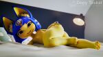  3d_(artwork) animal_crossing ankha_(animal_crossing) anthro bed bedroom_eyes big_butt blender_(software) blue_hair butt digital_media_(artwork) domestic_cat felid feline felis female flat_chested furniture hair hand_on_butt hand_on_hip hi_res looking_at_viewer lying mammal narrowed_eyes nintendo on_bed on_side pinup pose sashacakes seductive short_stack solo thick_thighs wide_hips yellow_body 