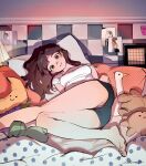  1girl bare_legs barefoot bed black_shorts blanket breasts brown_eyes brown_hair feet foot_out_of_frame head_tilt highres kimura_731 lamp legs light long_hair looking_at_viewer lying medium_breasts messy_hair on_back on_bed original parted_bangs parted_lips picture_(object) picture_frame pillow shadow shirt short_shorts short_sleeves shorts signature solo sticky_note stuffed_animal stuffed_toy toes white_shirt 