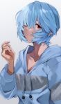  arm_at_side ayanami_rei blue_hair blue_hoodie breasts casual cleavage close-up closed_mouth collarbone commentary curled_fingers drawstring from_side grey_hoodie hair_over_one_eye hand_up highres hood hood_down hoodie light_smile long_bangs long_sleeves looking_at_viewer looking_to_the_side medium_breasts neon_genesis_evangelion one_eye_closed red_eyes short_hair simple_background single_horizontal_stripe smile two-tone_hoodie upper_body white_background yagisawa_teru 