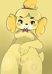  animal_crossing anthro areola biped breasts butt_from_the_front cervikalova female genitals hi_res isabelle_(animal_crossing) looking_at_viewer navel nintendo nipples pussy simple_background smile solo yellow_background yellow_body 