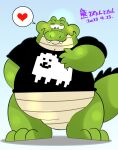  &lt;3 2023 alligator alligatorid anthro belly big_belly biped clothing crocodilian cute_fangs hi_res japanese_text kemono m2vcjtad5hsdvla overweight reptile scalie shirt simple_background solo text topwear 