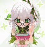  1girl bare_shoulders blush book bookmark bracelet commentary cross-shaped_pupils dress english_commentary genshin_impact glasses gradient_hair green_eyes green_hair green_sleeves hair_between_eyes hair_ornament highres holding holding_book jewelry juffles leaf_hair_ornament long_hair looking_at_viewer multicolored_hair nahida_(genshin_impact) open_mouth pointy_ears side_ponytail solo symbol-shaped_pupils upper_body white_dress white_hair 