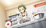  1boy :o ahoge black_hairband bowl chocolate fingernails green_eyes green_hair hairband highres hood hoodie idolmaster idolmaster_side-m idolmaster_side-m_live_on_stage! kitchen long_sleeves male_focus mitarai_shouta official_art 