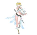  1girl bikini blonde_hair blue_eyes blue_hair breasts earrings fire_emblem fire_emblem_heroes fjorm_(fire_emblem) full_body gradient_hair hair_ornament jewelry looking_at_viewer multicolored_hair non-web_source official_alternate_costume official_art open_mouth short_hair simple_background smile solo swimsuit tagme 