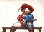  1girl armor bench blue_eyes boobplate boots breastplate brown_footwear brown_hair codpiece food hand_under_clothes hat ironlily landsknecht landsknecht_(ironlily) long_sleeves original pretzel puffy_long_sleeves puffy_sleeves sitting solo wooden_bench 