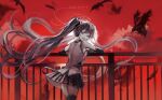  1girl absurdres bare_shoulders bird crow detached_sleeves falling_feathers full_moon hatsune_miku highres last_resort_(vocaloid) long_hair looking_at_viewer moon open_mouth pipi pleated_skirt railing red_sky red_theme skirt sky solo thighhighs twintails very_long_hair vocaloid 