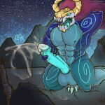  anthro athan_the_monster aurelion_sol_(lol) balls big_balls big_penis blue_eyes bodily_fluids breaking celestial_being celestial_dragon cum cumshot dragon dripping ejaculation erection extreme_size_difference genital_fluids genitals giga glowing gold_(metal) gold_jewelry group hair hands_behind_back hi_res humanoid_genitalia humanoid_penis jewelry league_of_legends macro male male/male masturbation micro micro_on_macro mountain muscular muscular_anthro muscular_male non-mammal_balls nude penis precum purple_hair riot_games size_difference solo vein veiny_penis 