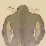  2022 anthro arm_hair back_hair back_muscles bodily_fluids body_hair breath claws countershading english_text green_body leg_hair male muscular muscular_male onomatopoeia panting rear_view simple_background solo sound_effects sweat sweaty_arms sweaty_back text thrastor_(xeoniios) xeoniios 